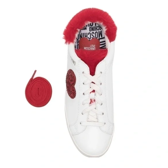 Love Moschino Logo Glitter-Red Heart With Red Faux Fur detail low-top sneaker - Picture 16 of 16